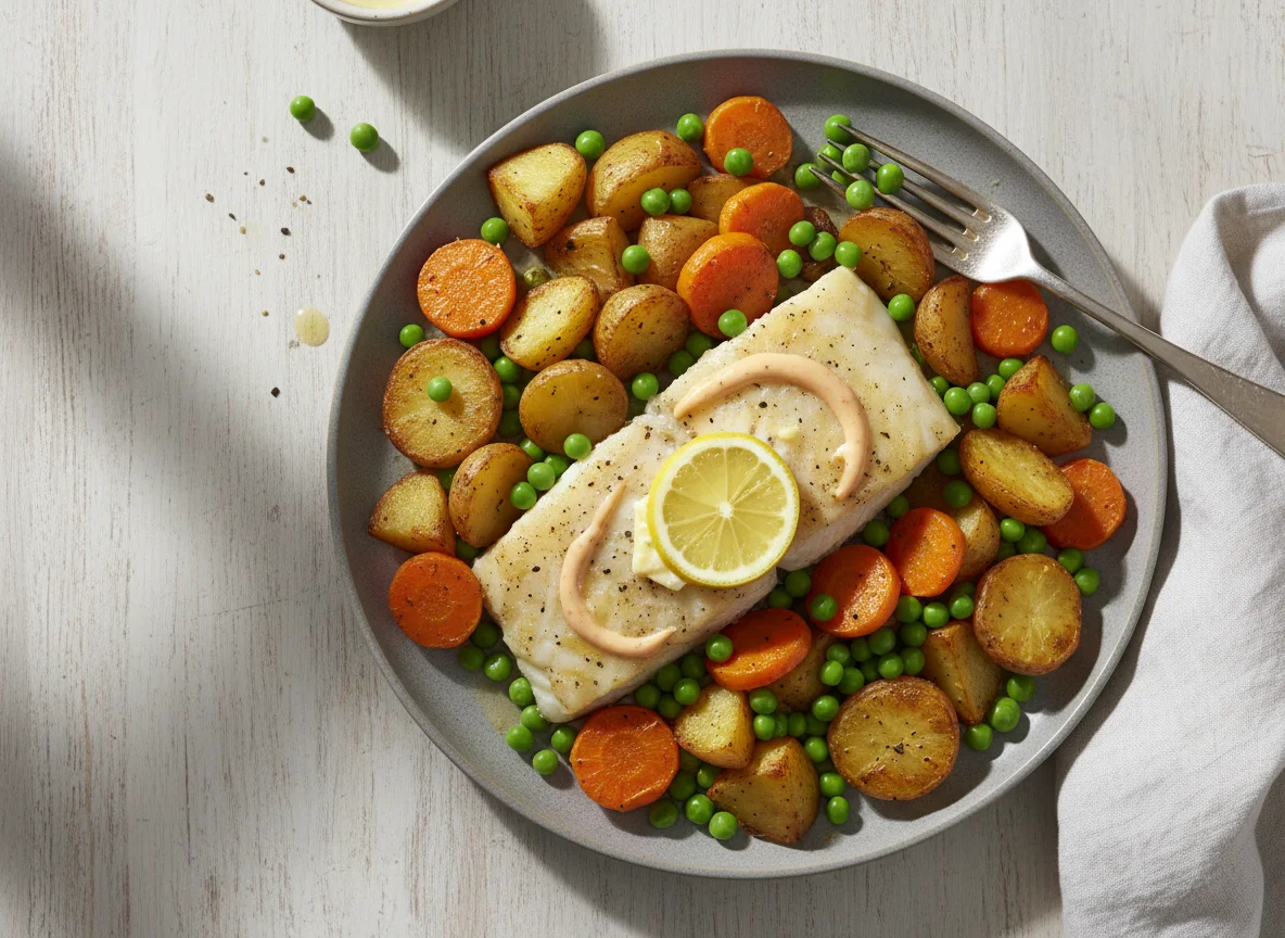 Cod with Roasted Vegetables and Peas photo