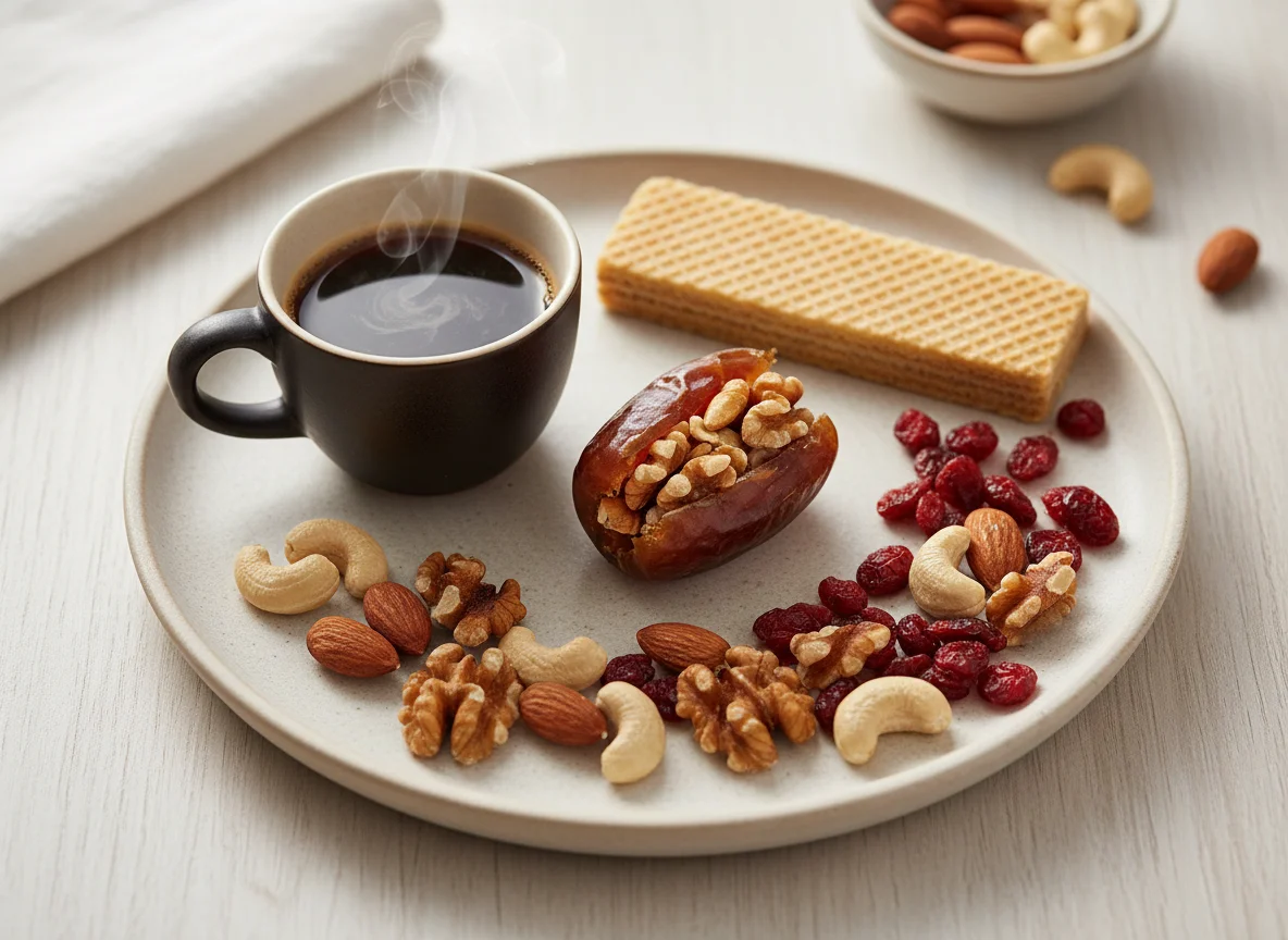 Coffee with Mixed Nuts, Stuffed Date, and Wafer photo