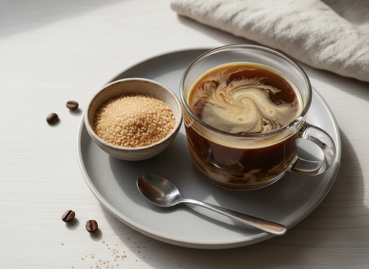 Coffee with no-lactose milk and brown sugar photo
