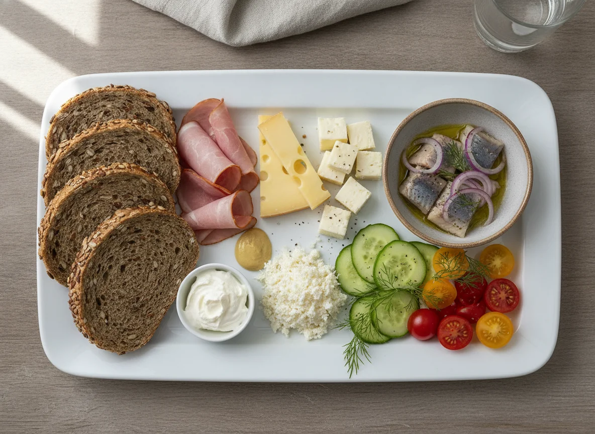 Cold breakfast plate with bread, ham, cheese, and vegetables photo