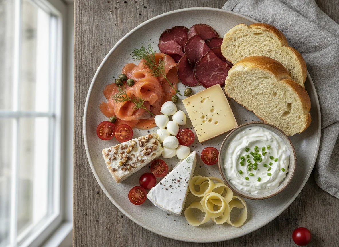 Cold breakfast platter with smoked salmon, cured meat, and cheese photo