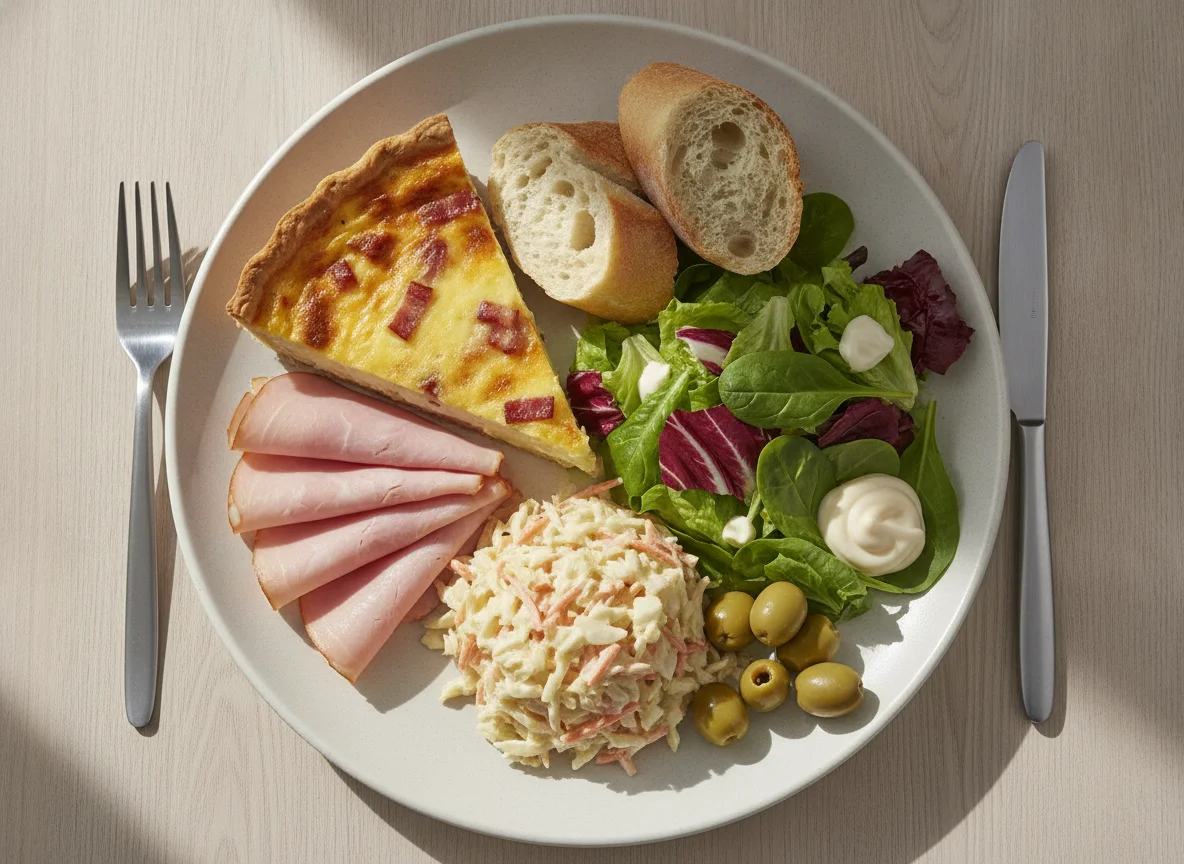 Cold buffet plate with quiche, ham, and salad photo