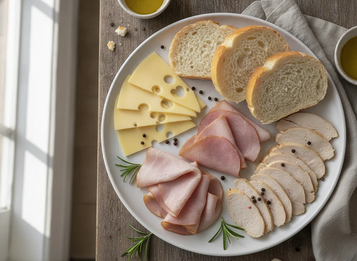 Cold cuts and bread platter photo