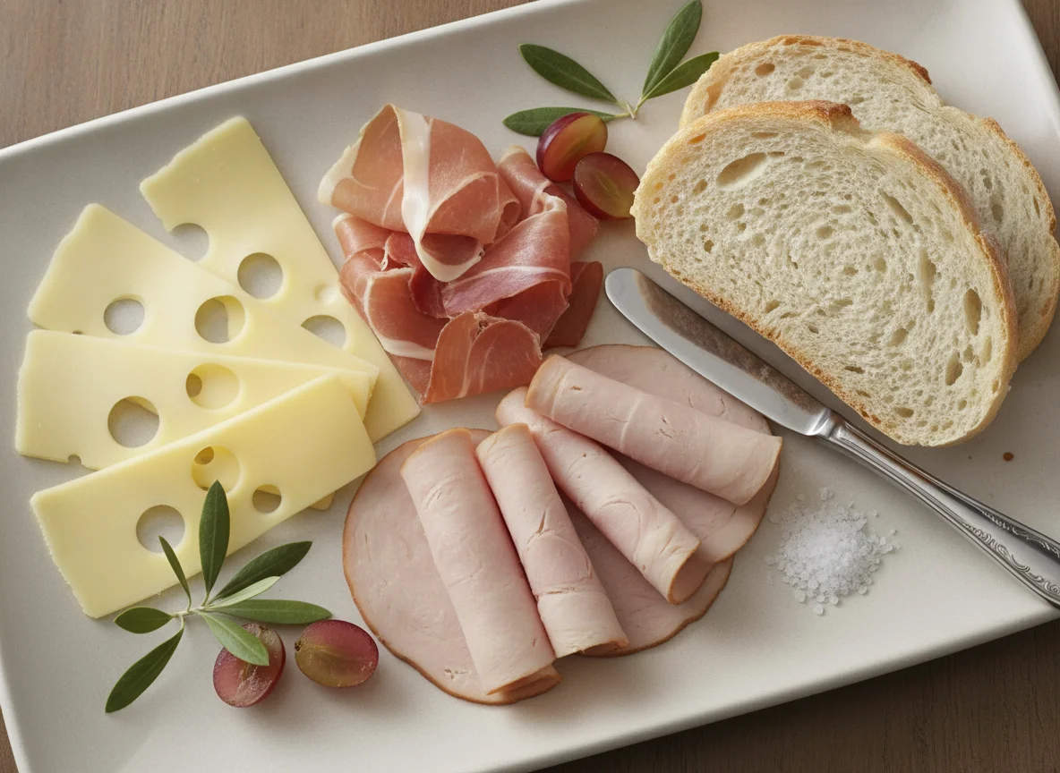 Cold cuts and cheese platter with bread photo