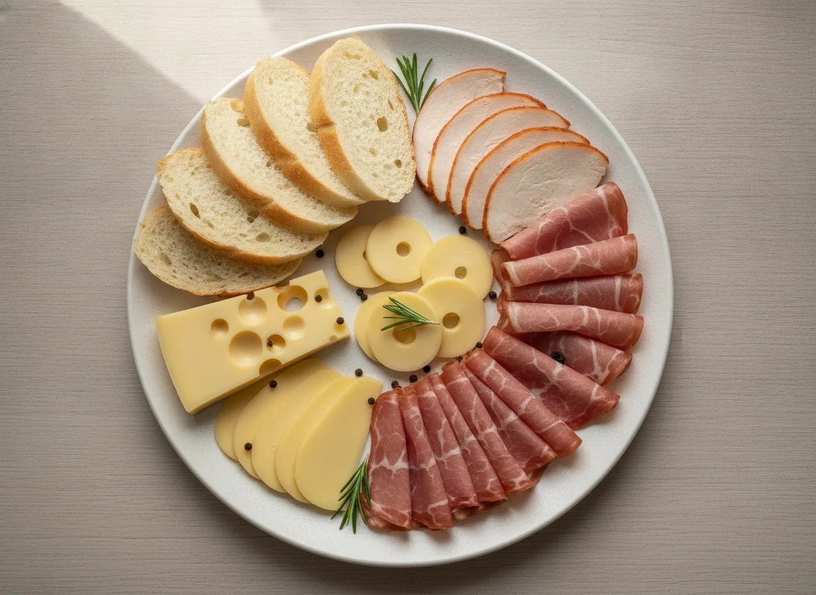 Cold cuts and cheese platter with white bread photo