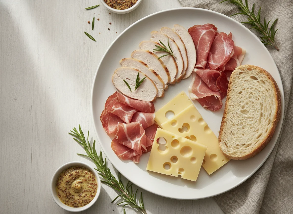 Cold cuts platter with bread and cheese photo