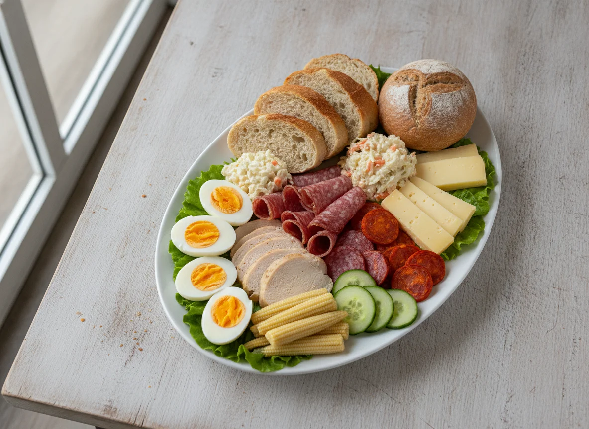 Cold Deli Platter with Eggs and Bread photo