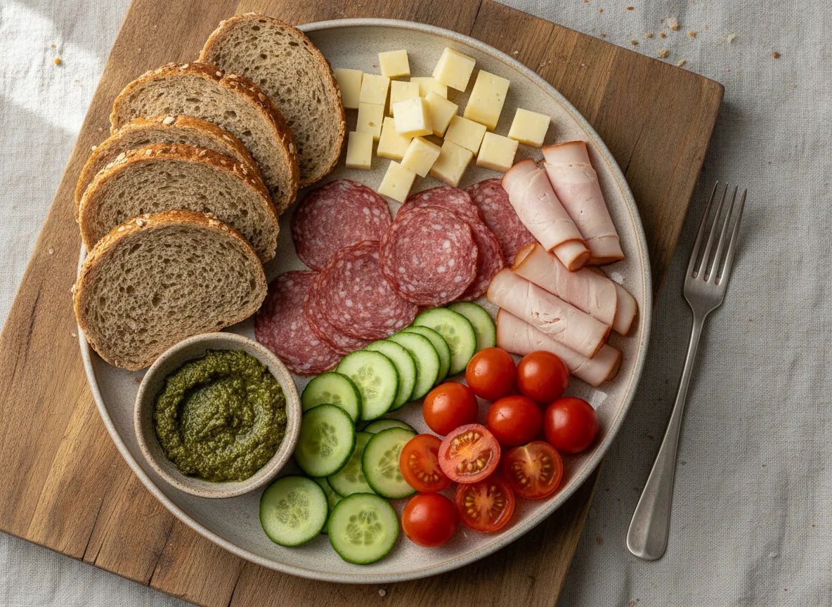 Cold plate with bread, vegetables, and cold cuts photo