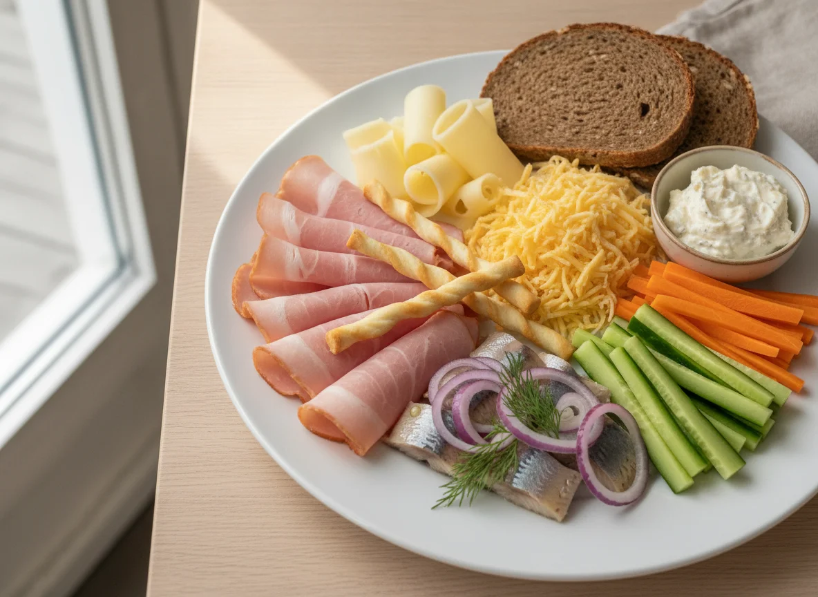 Cold plate with ham, cheese, herring, and vegetables photo
