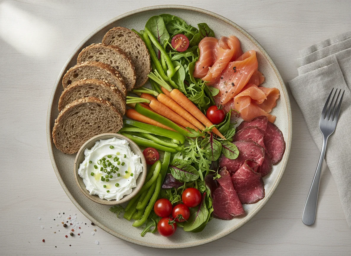 Cold platter with smoked fish, cured meat, and vegetables photo
