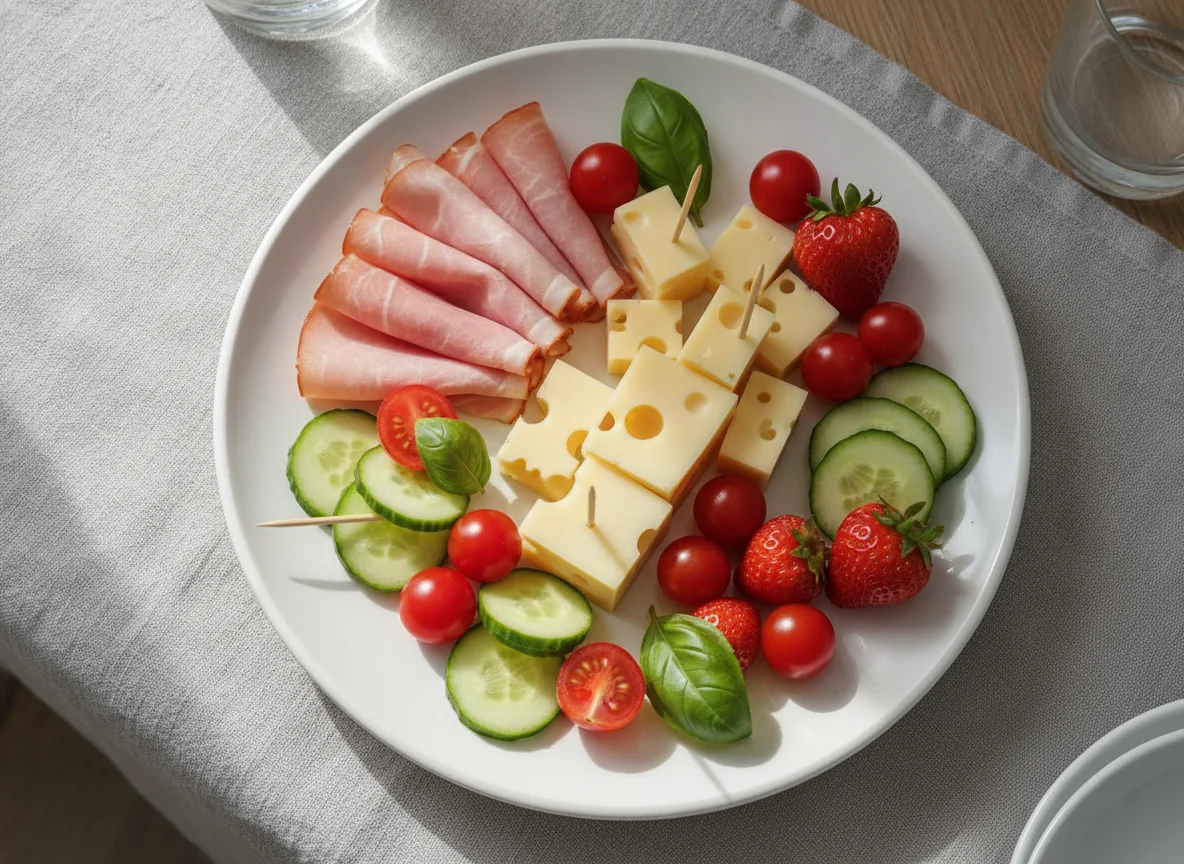 Cold snack plate with ham, cheese, and vegetables photo