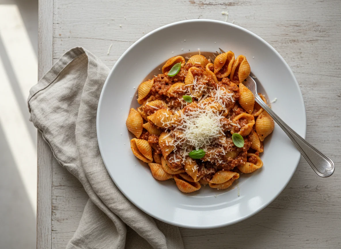 Conchiglie Pasta with Bolognese and Parmesan photo
