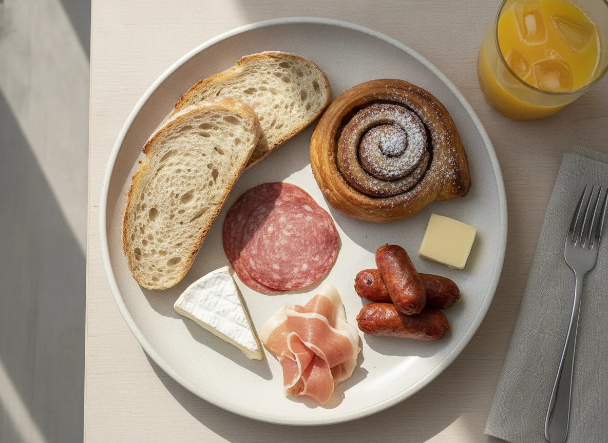 Continental breakfast plate with orange juice photo