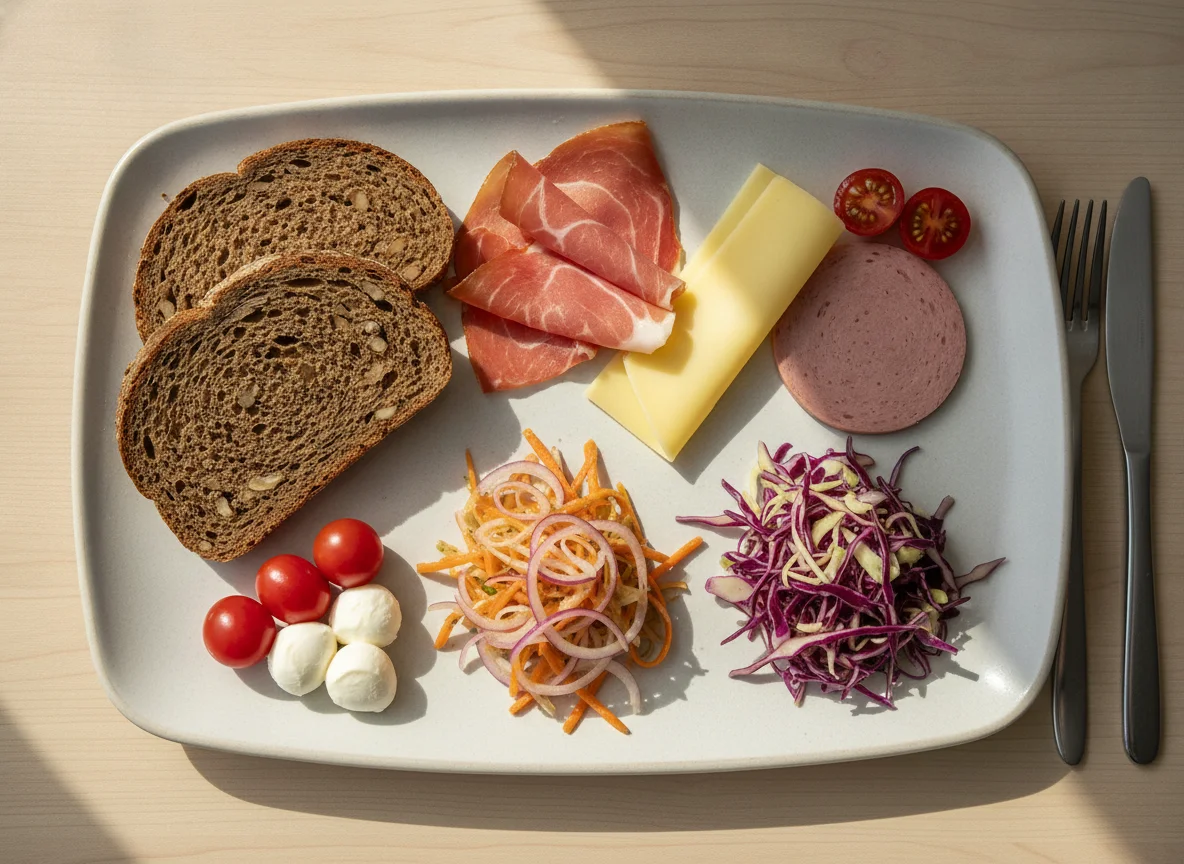 Continental breakfast plate with rye bread, cold cuts, and salad photo