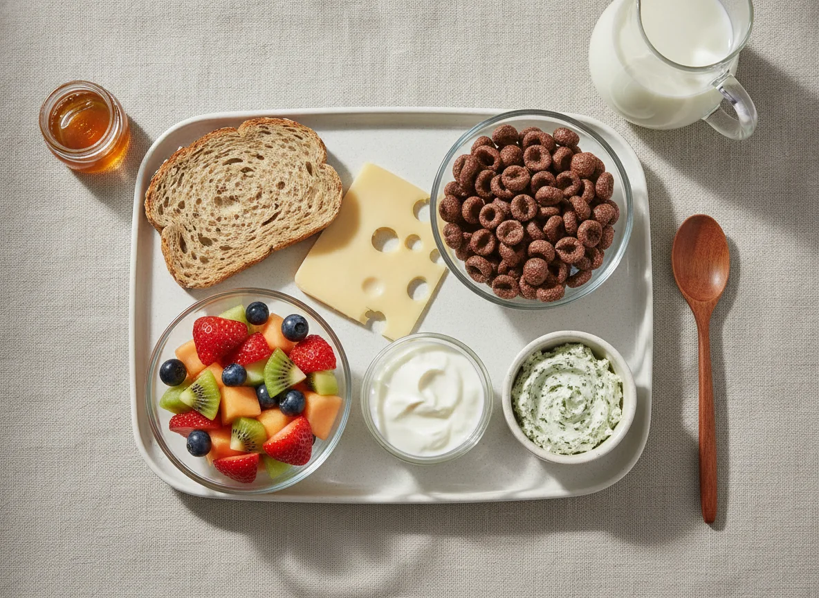 Continental breakfast with cereal and fruit photo