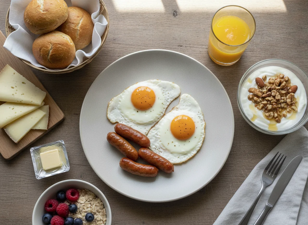 Continental Breakfast with Eggs and Sausages photo