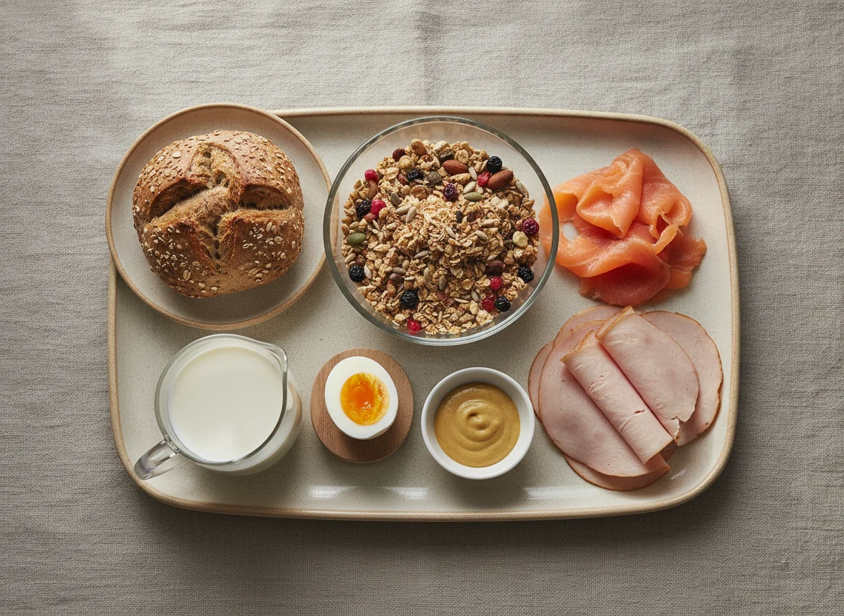 Continental breakfast with muesli, bread, and cold cuts photo