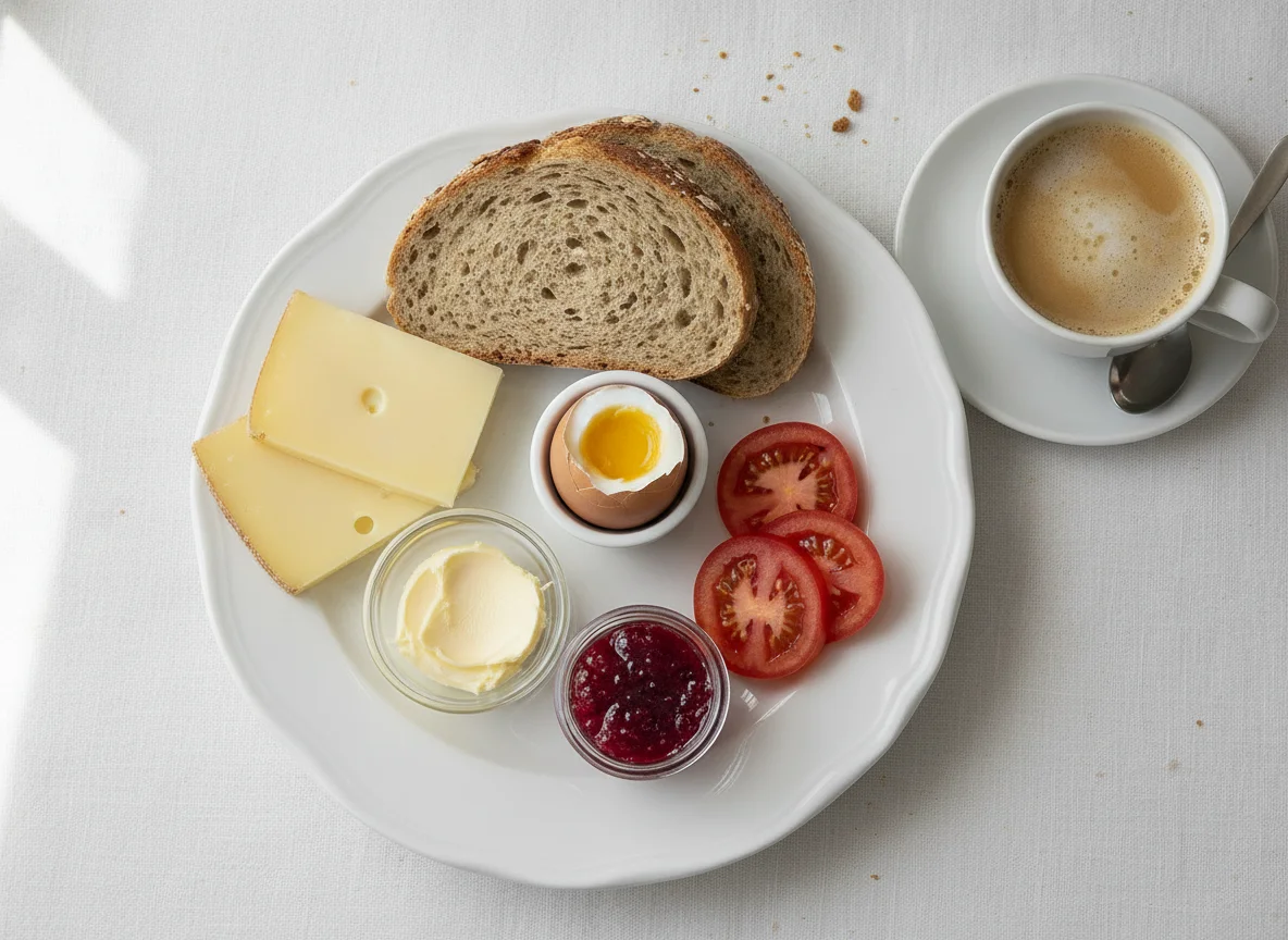 Continental Breakfast with Whole Grain Bread, Cheese, and Boiled Egg photo