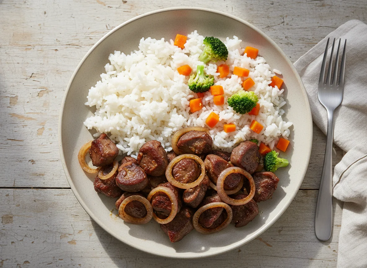 Cooked Chicken Gizzard with Rice and Vegetables photo