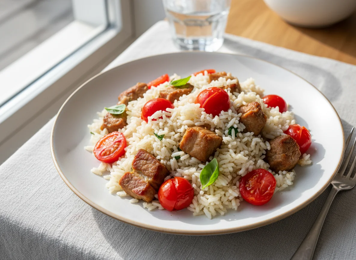 Cooked rice with pork and cherry tomatoes photo