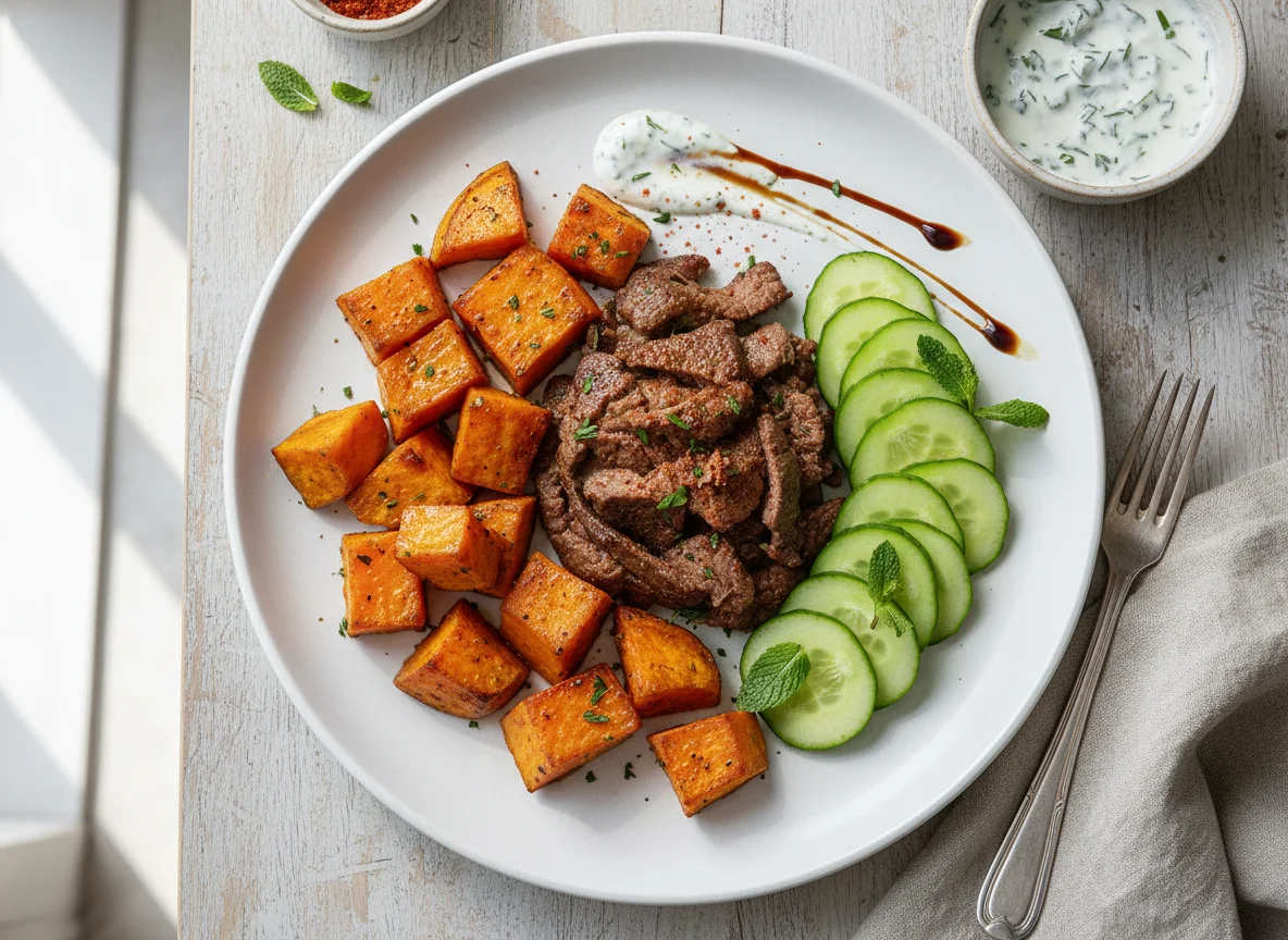 Cooked Sweet Potato with Meat and Cucumber photo
