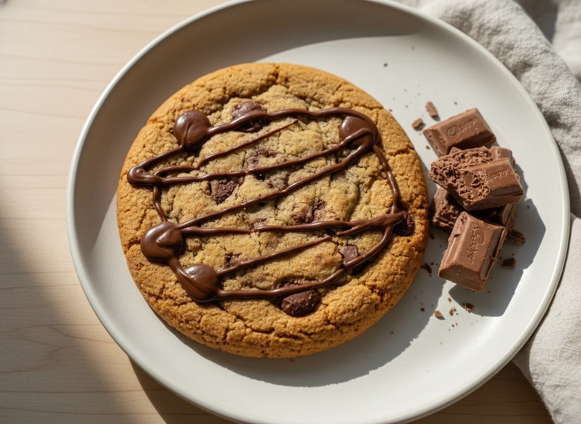 Cookie with chocolate drizzle and chocolate bar photo