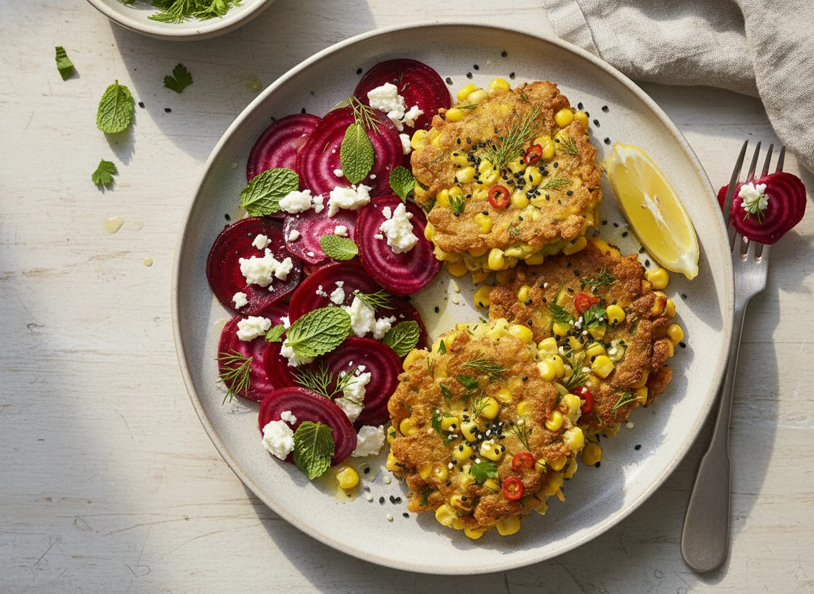 Corn and Herb Fritters with Feta and Beet Salad photo