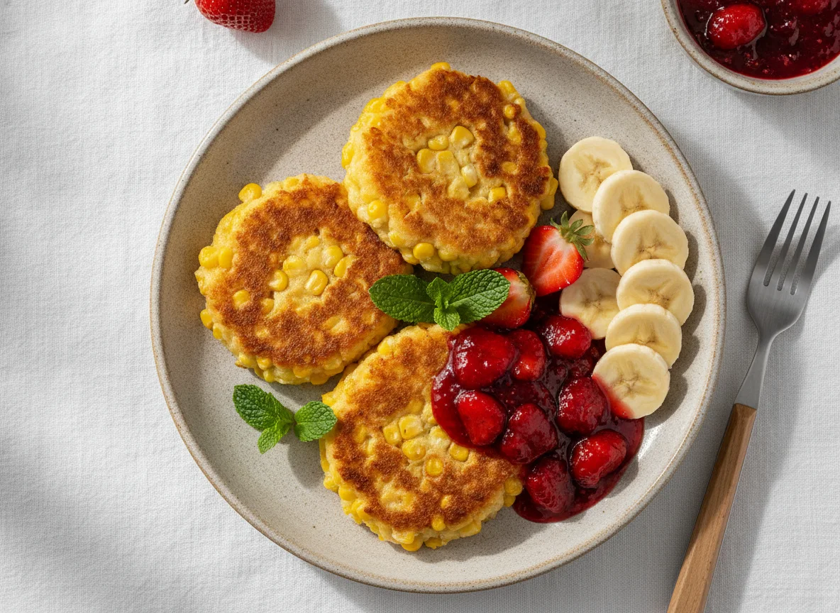 Corn cakes with strawberry jam and banana photo