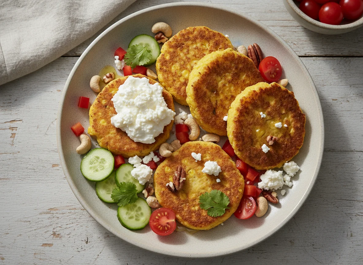 Corn cakes with white cheese and fresh vegetables photo