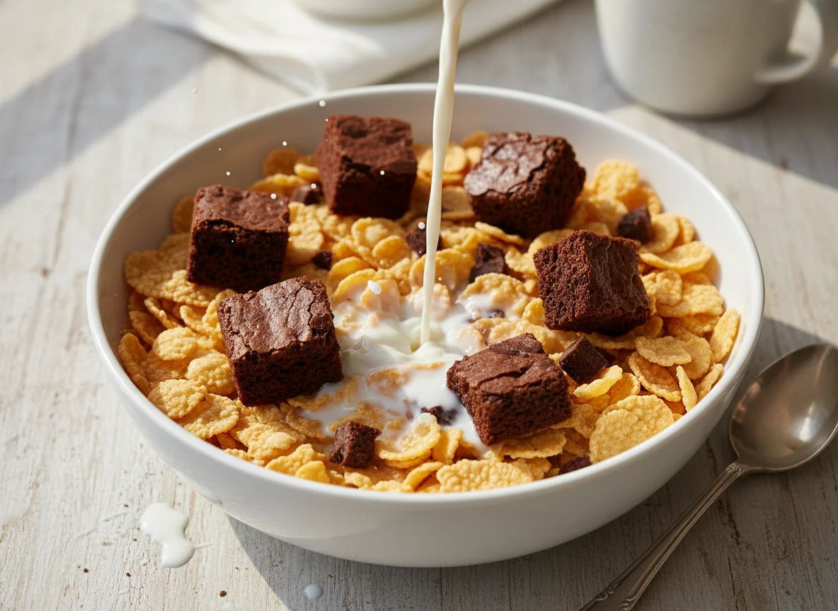 Corn flakes with milk and chocolate brownie chunks photo