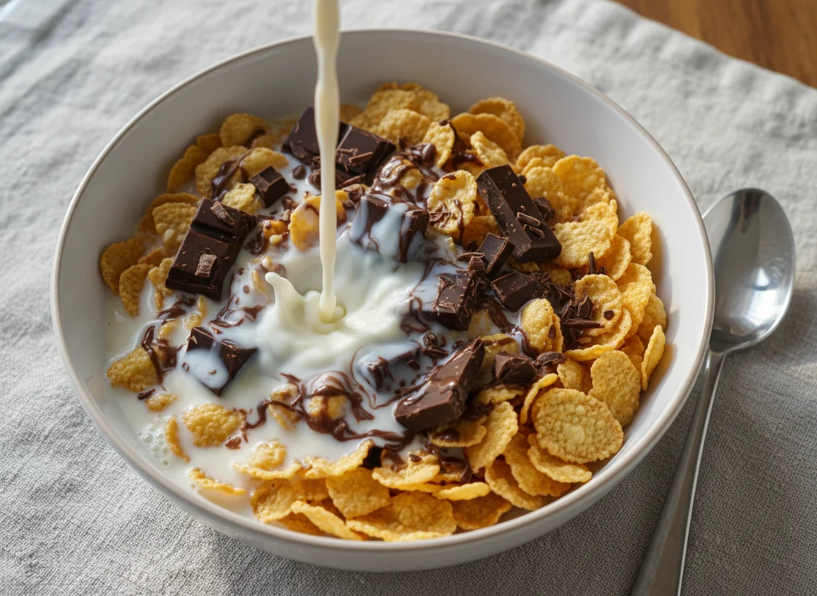 Corn flakes with milk and chocolate chunks photo