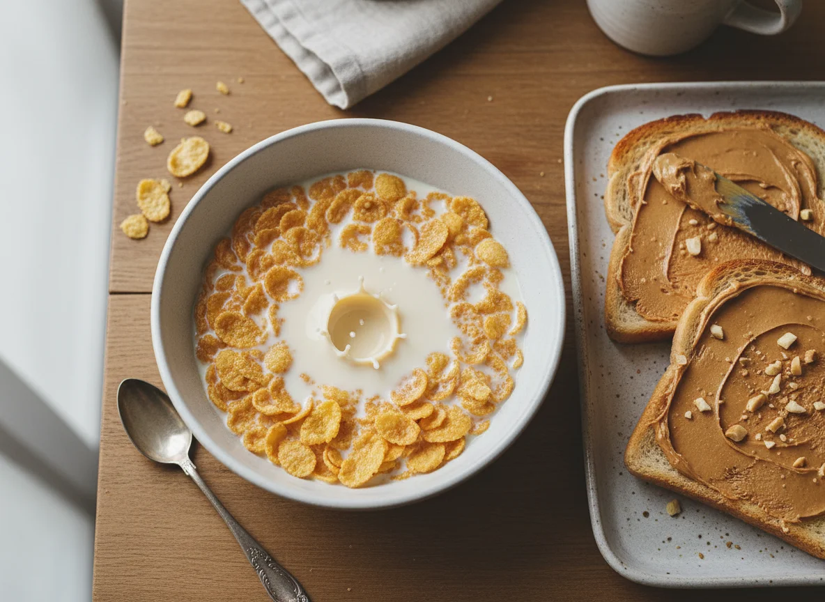 Corn flakes with milk and peanut butter toast photo