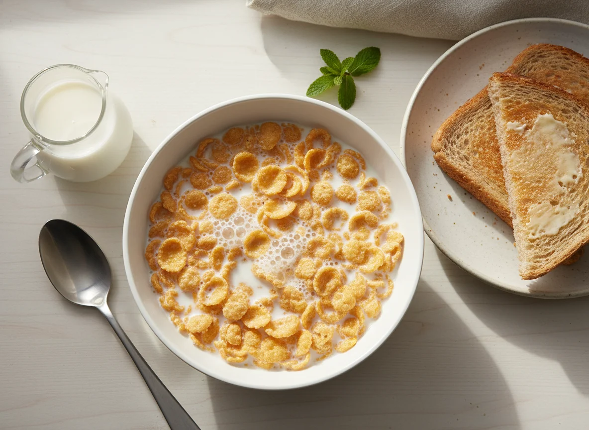 Corn flakes with milk and toast photo