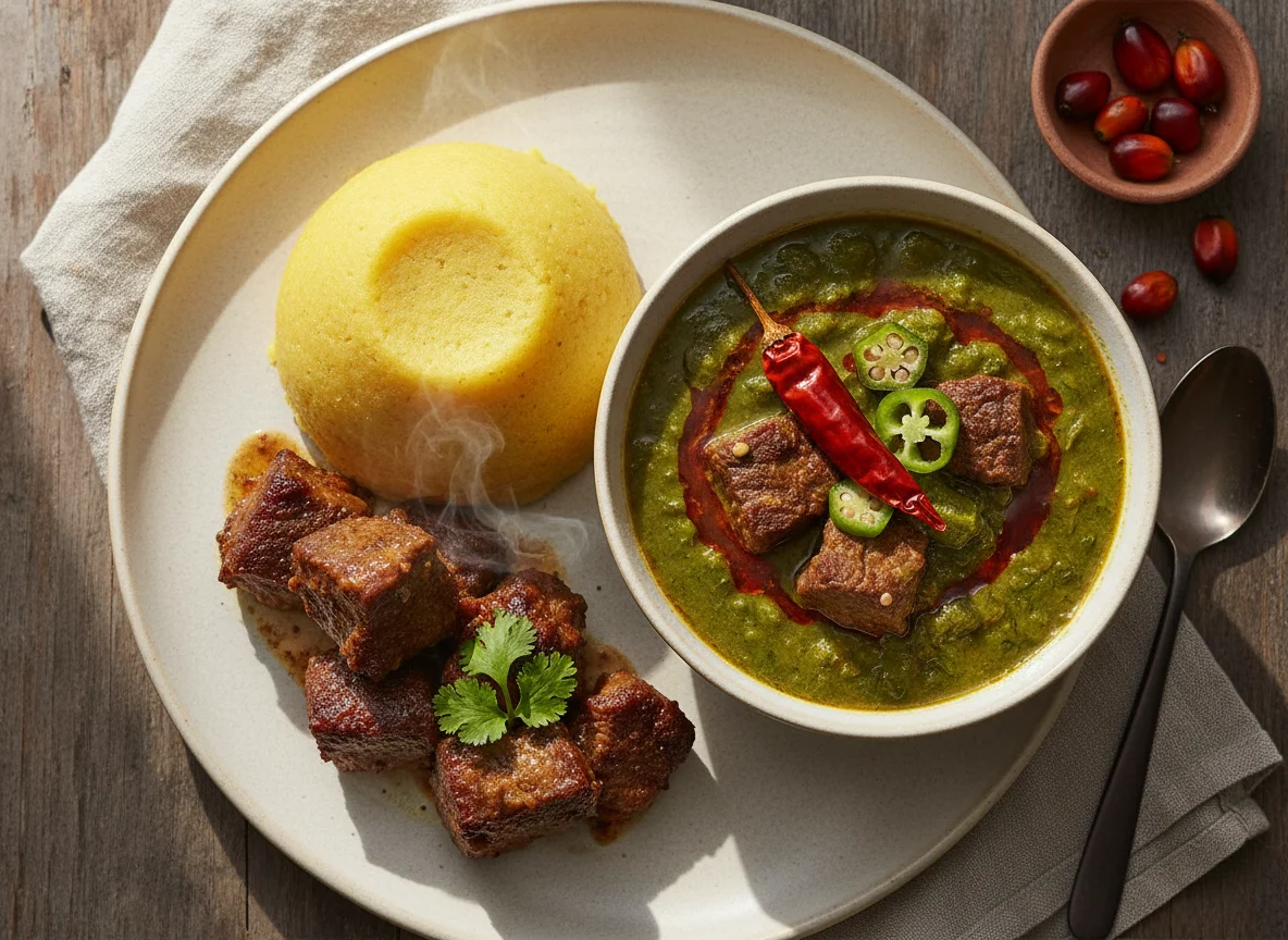 Corn Fufu with Okra Soup and Beef photo
