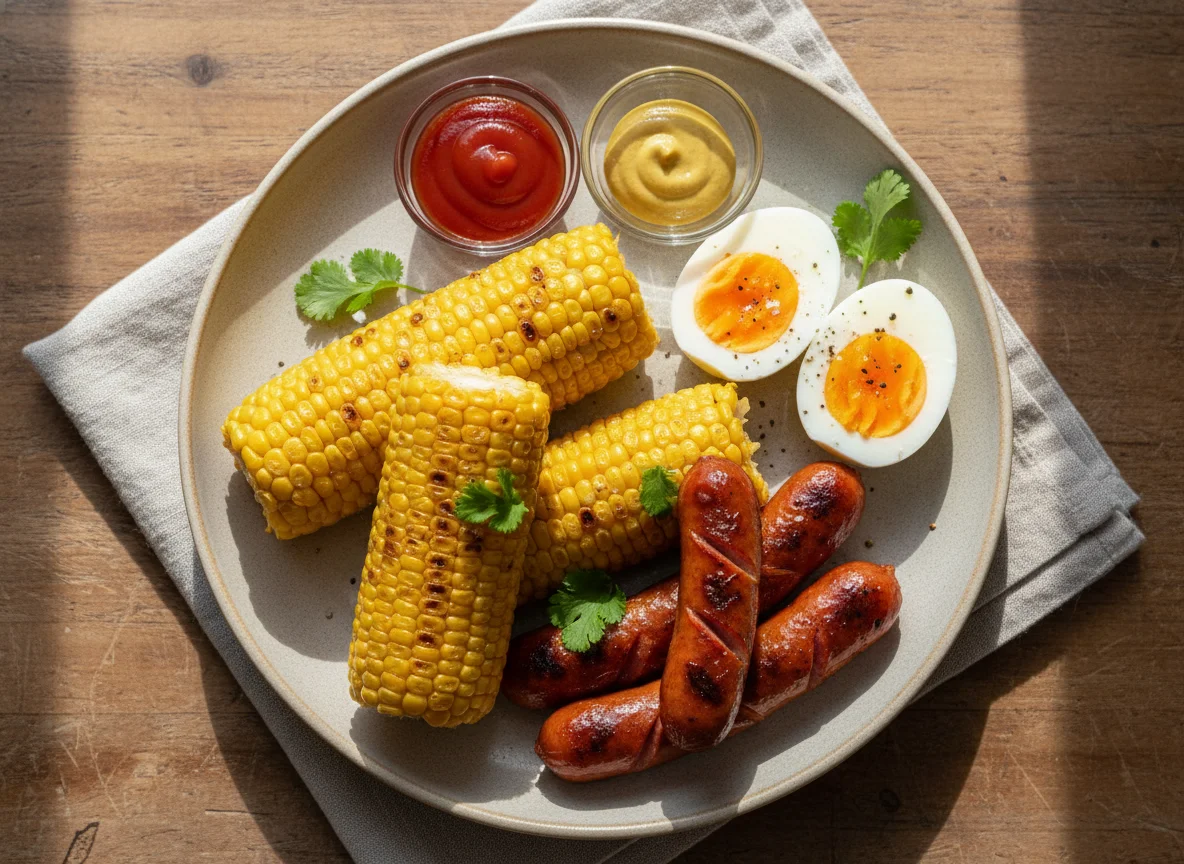 Corn on the cob and boiled eggs photo