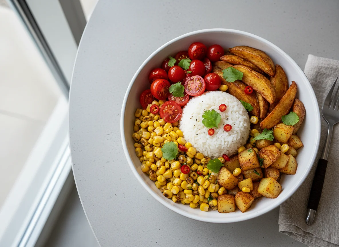 Corn, Rice, Tomato, and Potato Bowl photo
