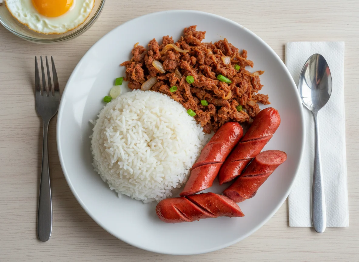 Corned Beef with Rice and Hotdog photo