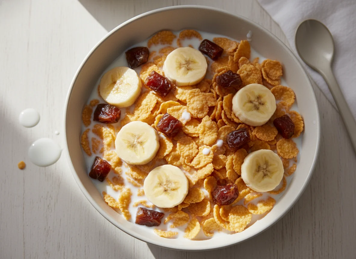 Cornflakes with Banana, Dates and Milk photo