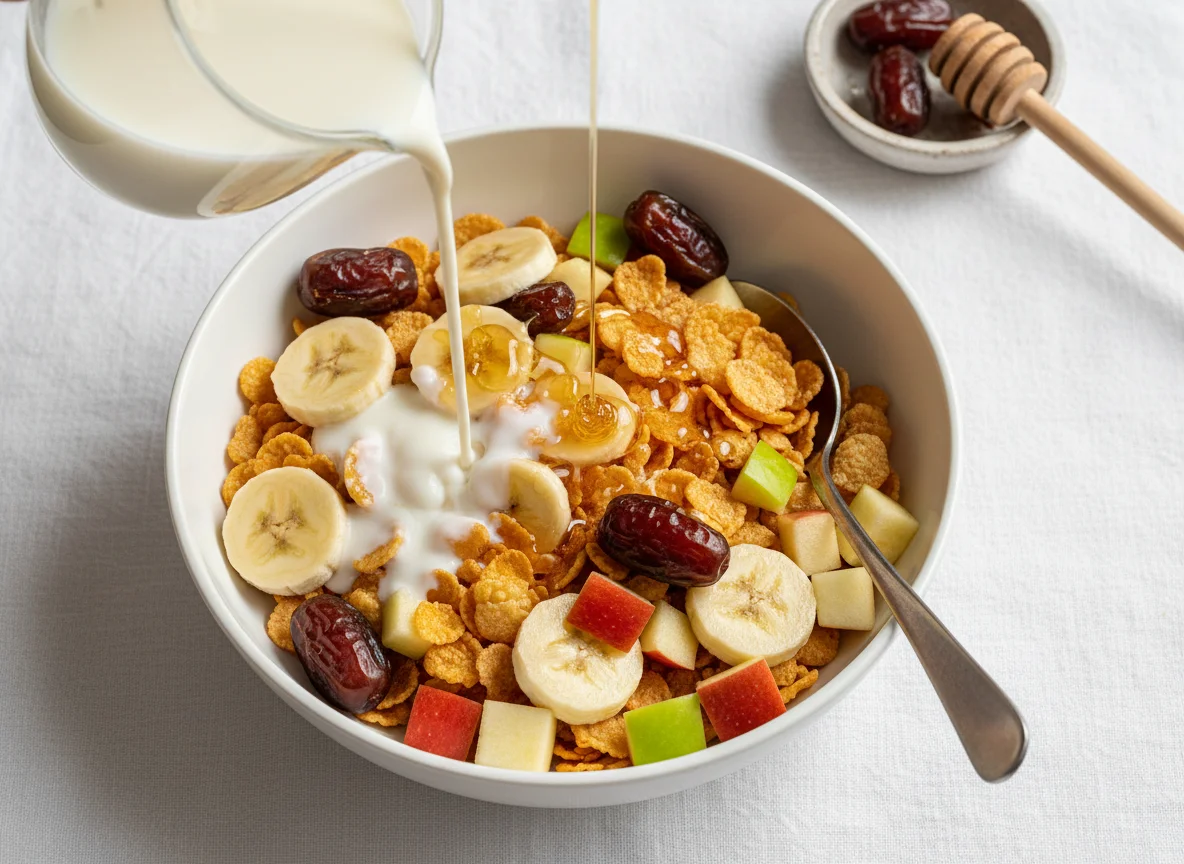 Cornflakes with Fruit, Dates, Milk and Honey photo