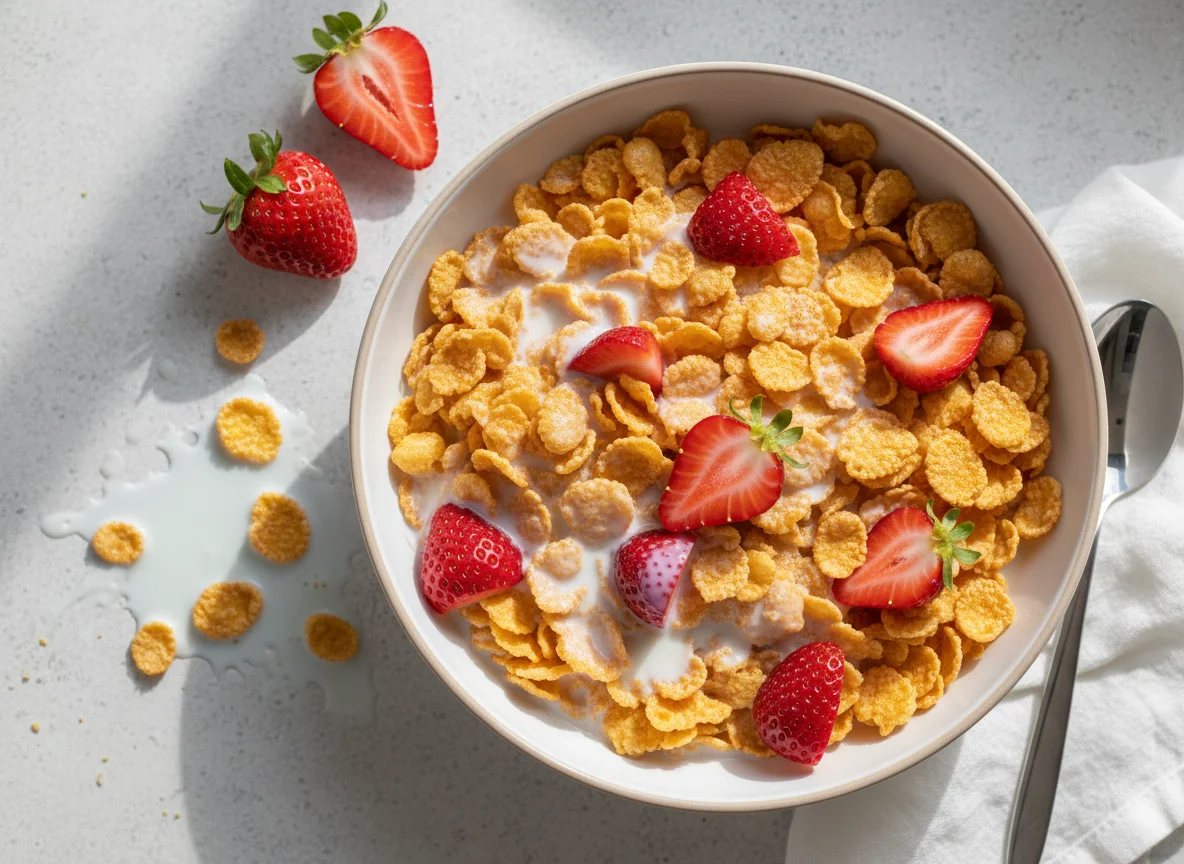 Cornflakes with Milk and Strawberries photo