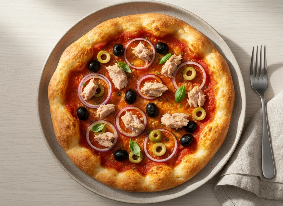 Cottage Cheese Base Tuna and Olive Pizza photo