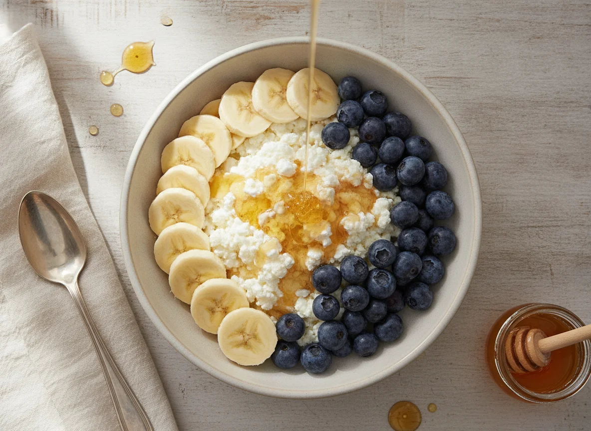 Cottage cheese bowl with banana, blueberries, and honey photo