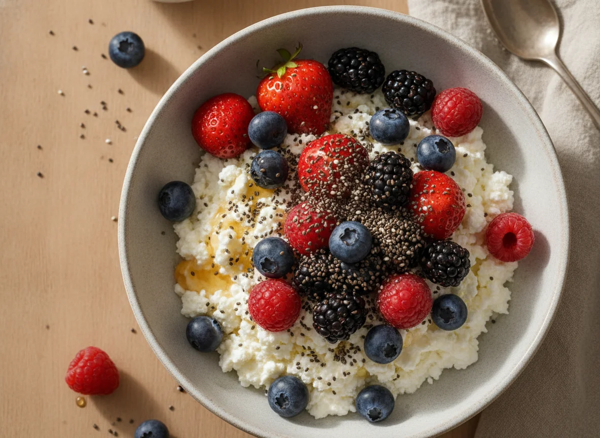 Cottage cheese bowl with berries and chia seeds photo