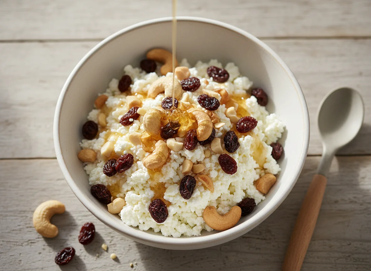 Cottage Cheese Bowl with Cashews, Raisins, and Honey photo