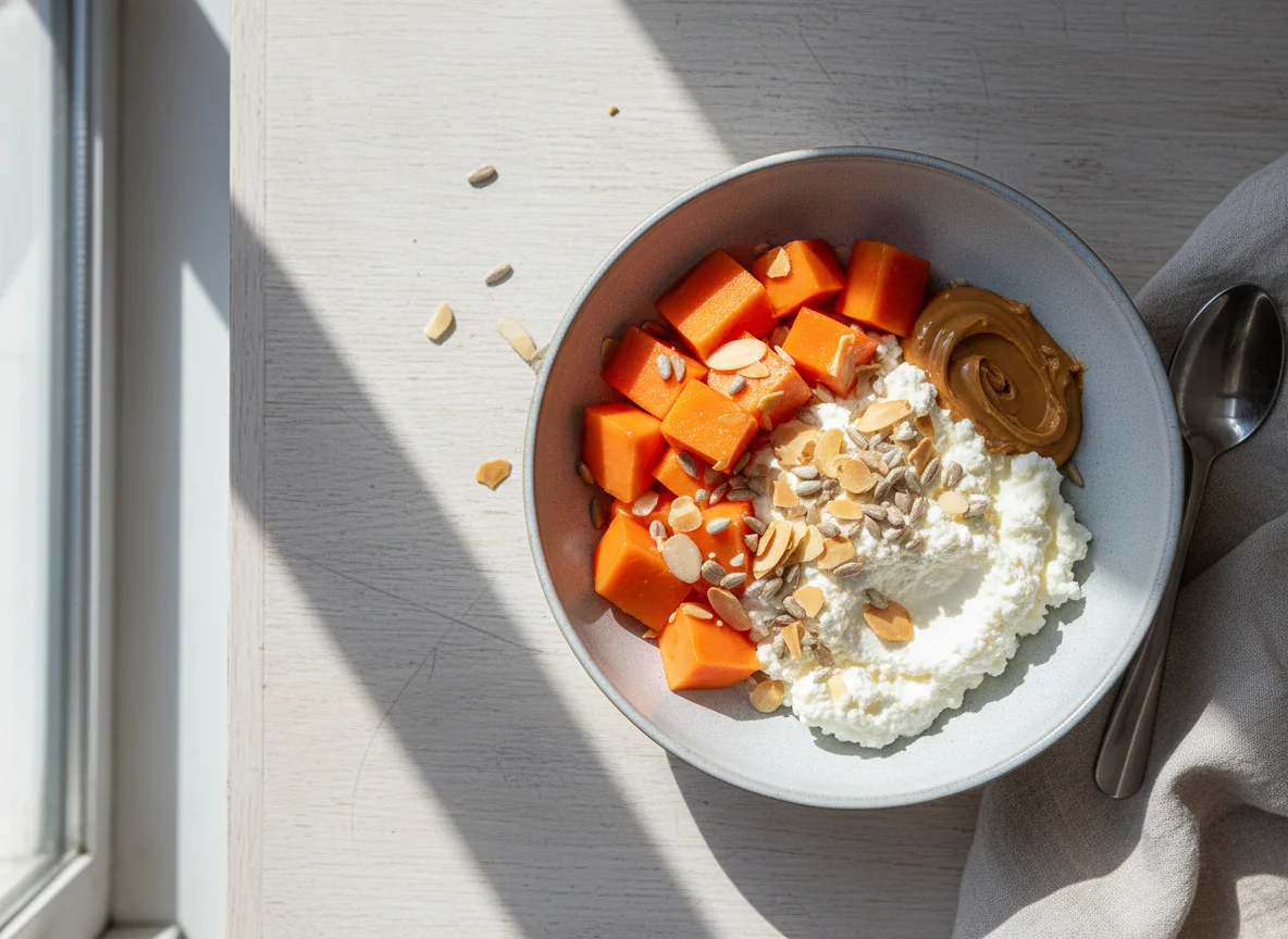 Cottage Cheese Bowl with Fruit and Nuts photo
