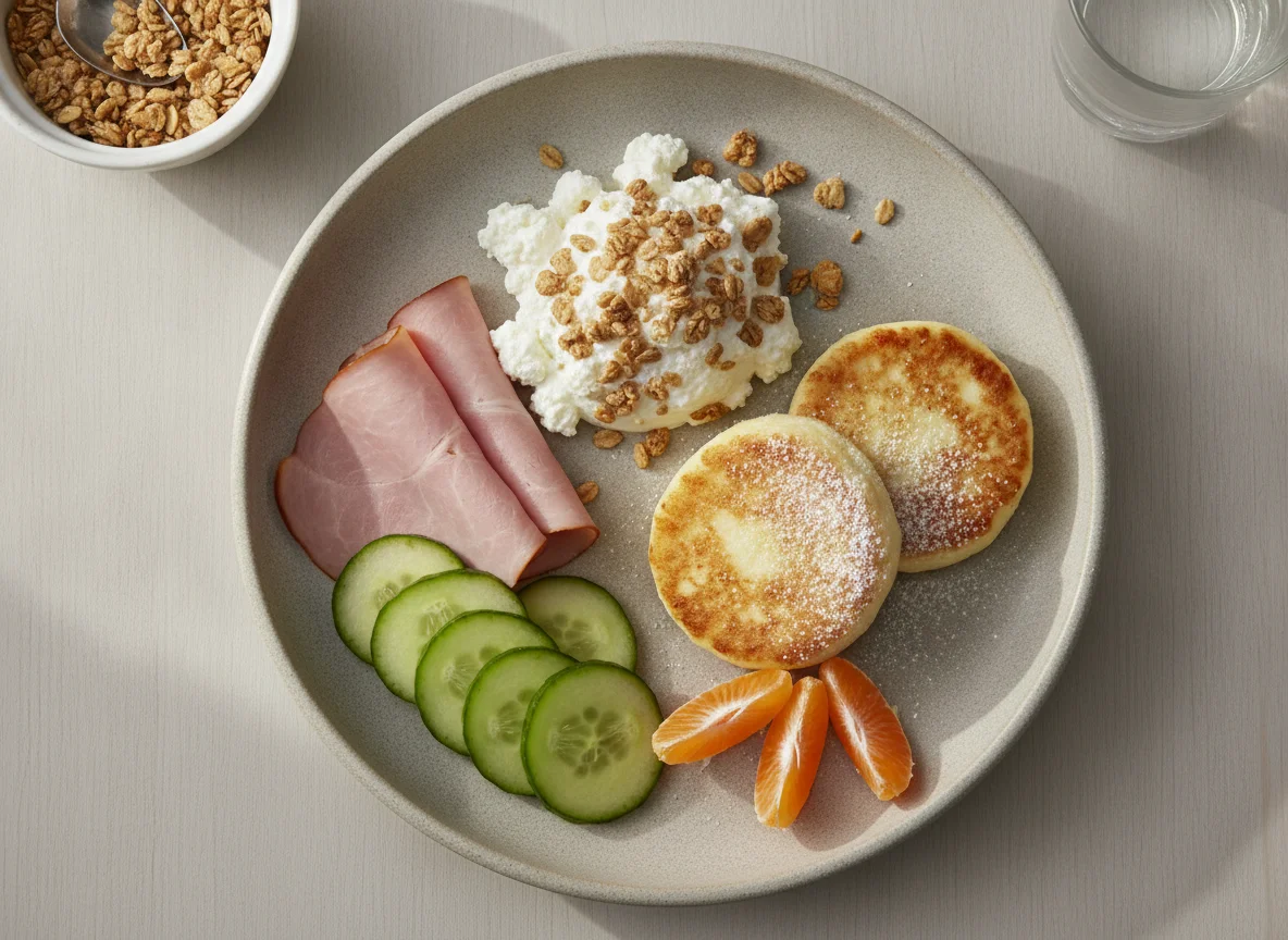 Cottage cheese breakfast with syrnik, ham, and cucumber photo