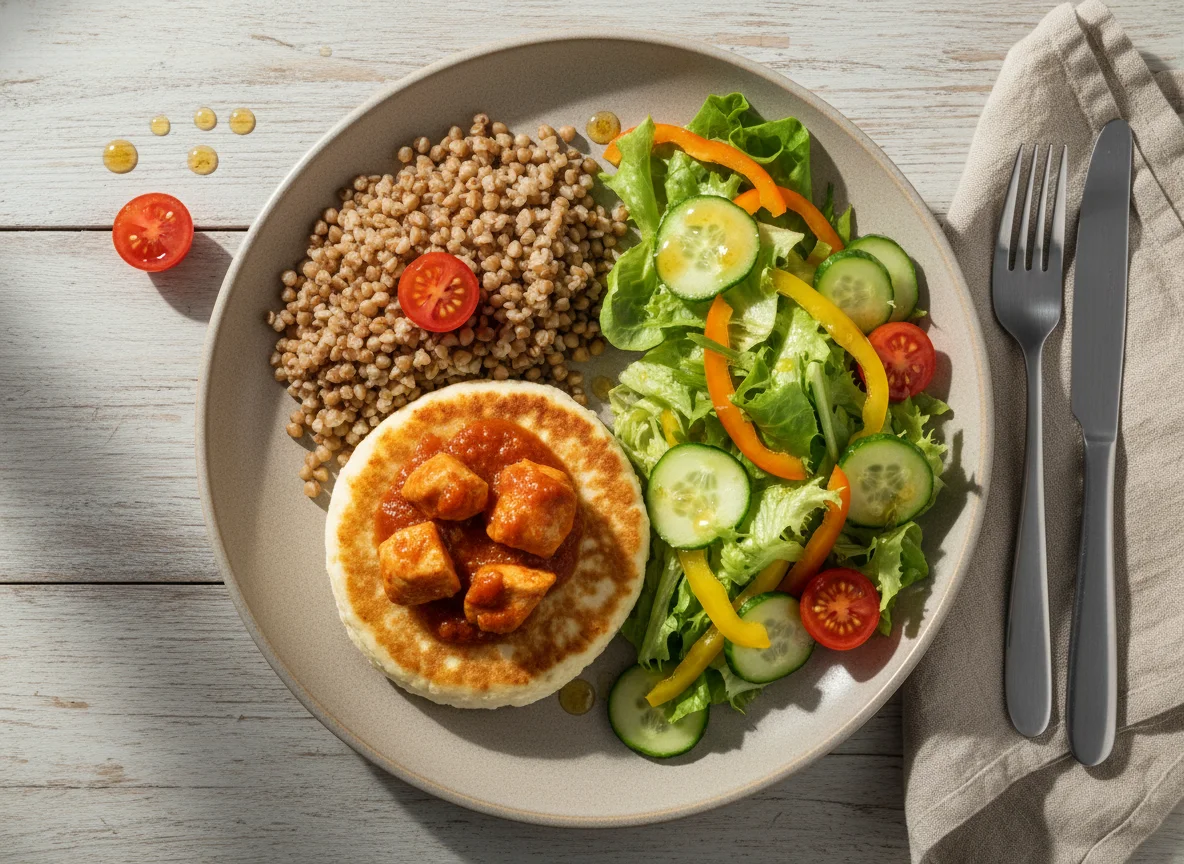 Cottage cheese pancake with buckwheat, chicken and salad photo