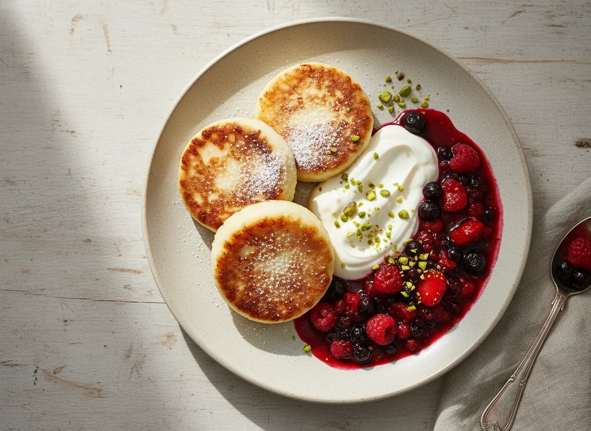 Cottage Cheese Pancakes (Syrniki) with Berry Compote and Sour Cream photo