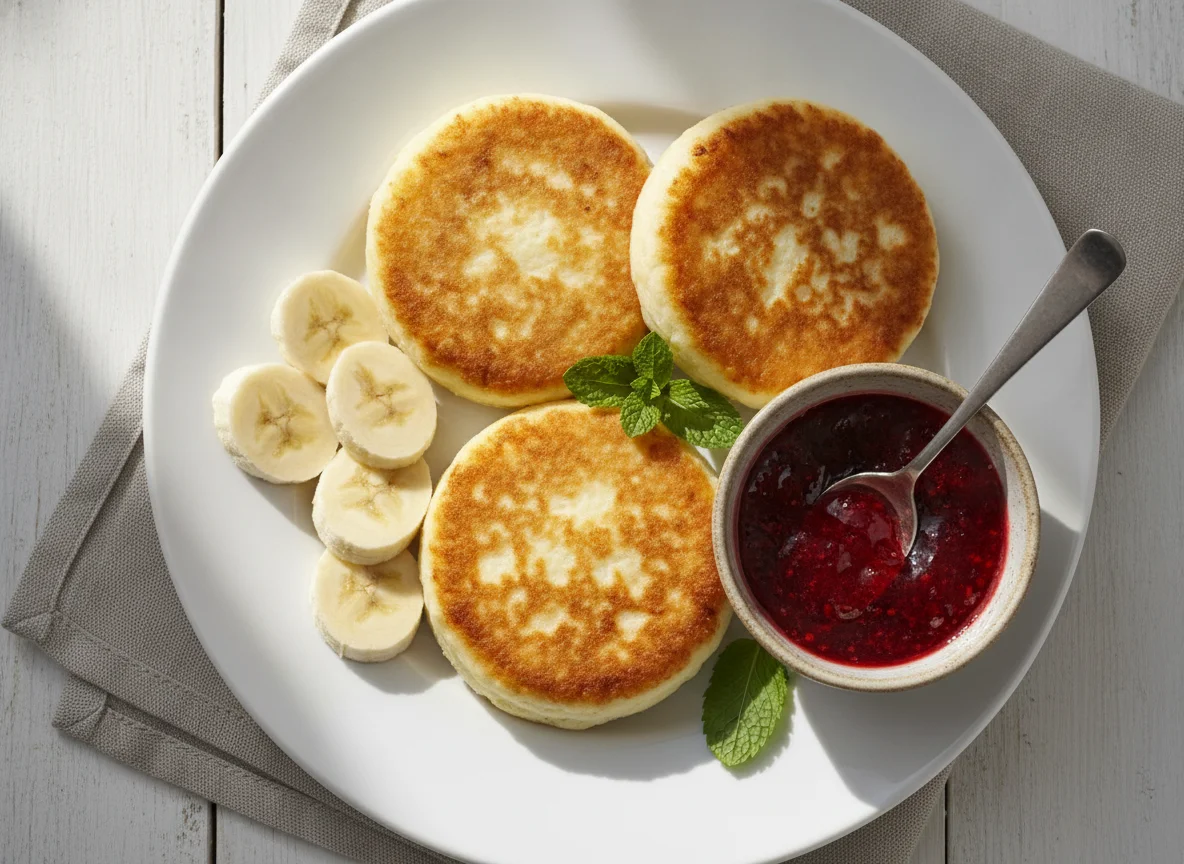 Cottage cheese pancakes with banana and jam photo