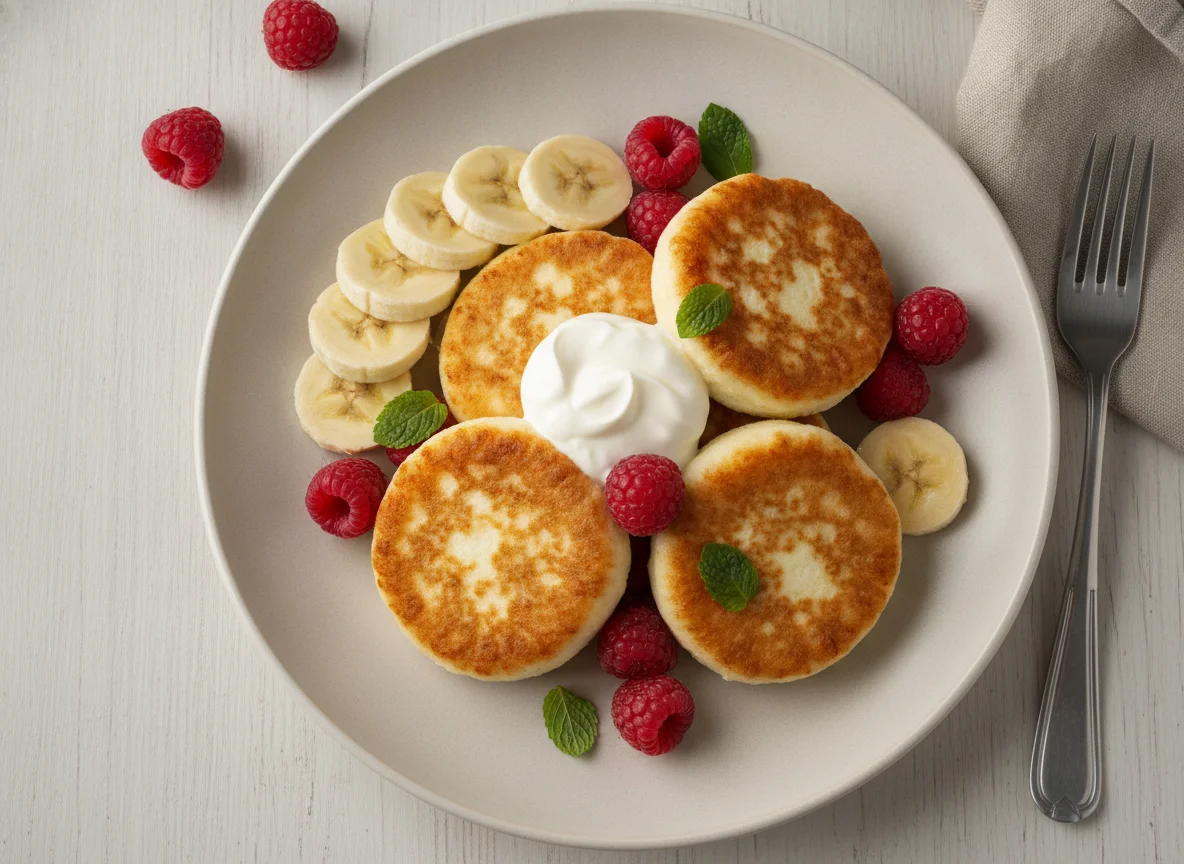 Cottage cheese pancakes with banana and raspberries photo